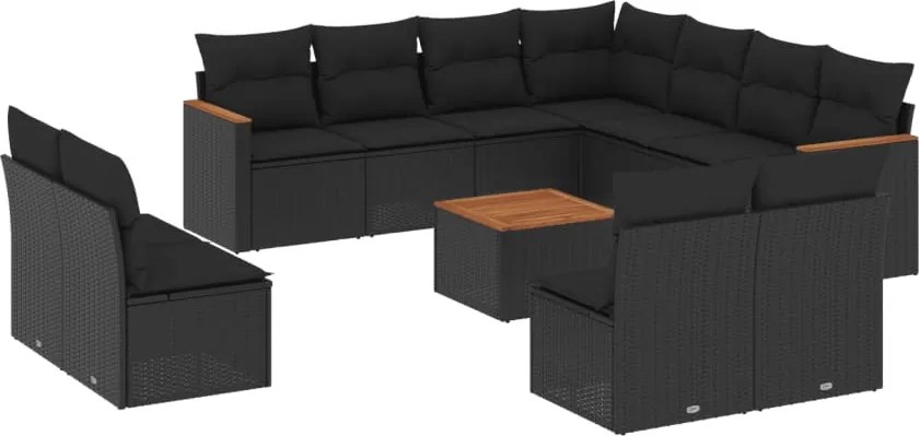 vidaXL Set canapele de grădină, 12 piese, cu perne, negru, poliratan