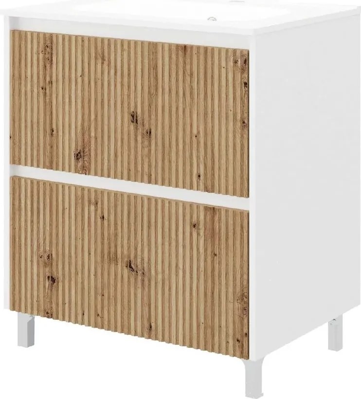 Set dulap baza stejar mat si lavoar Savini Due Creta 80 cm