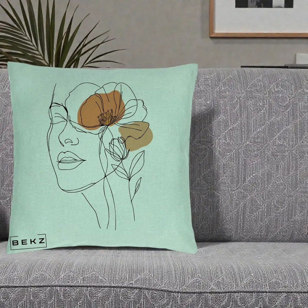 Perna Decorativa Portret Feminin Mac Profilat, 40x40 cm, Verde Menta, Husa Detasabila, Perna Inclusa, BEKZ®
