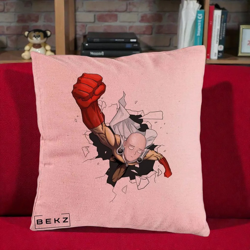 Perna Personalizata One Punch Man Saitama Pumn, 40x40 cm, Roz, Husa Detasabila, Perna Inclusa, BEKZ®