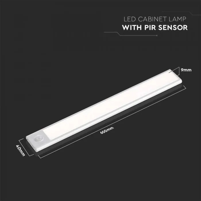 Corp led pentru dulap cu senzor de miscare si acumulator, 2.5 W, lumina neutra(4000K), 260 lm, IP20, argintiu, V-TAC
