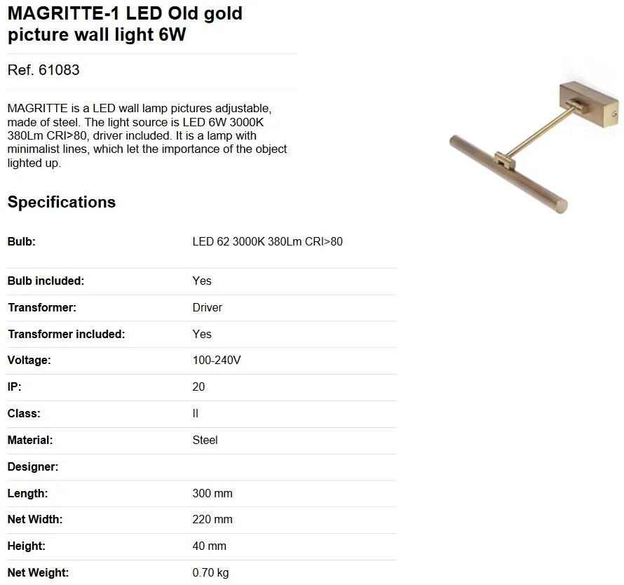 Aplica LED pentru oglinda tablou MAGRITTE-1 LED Old gold 61083