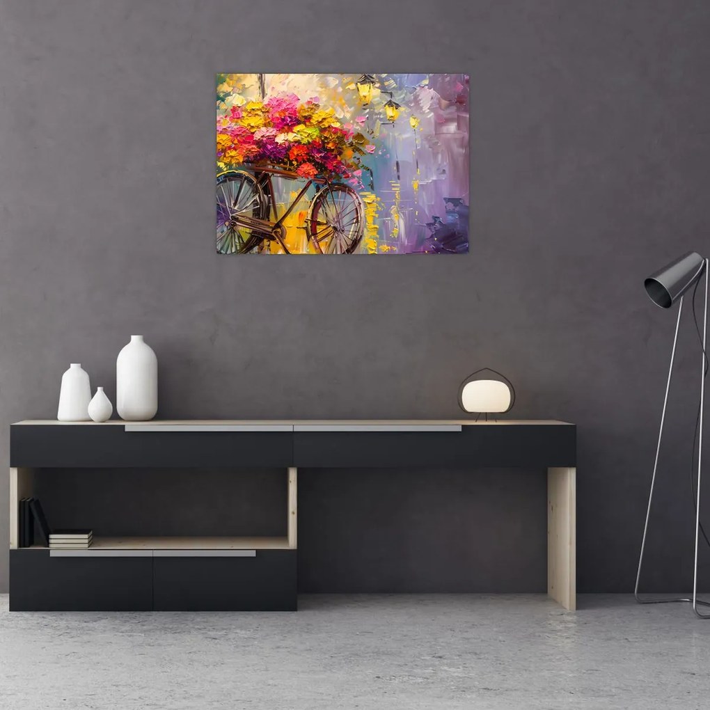 Tablou pe sticlă - Roată cu flori (70x50 cm)