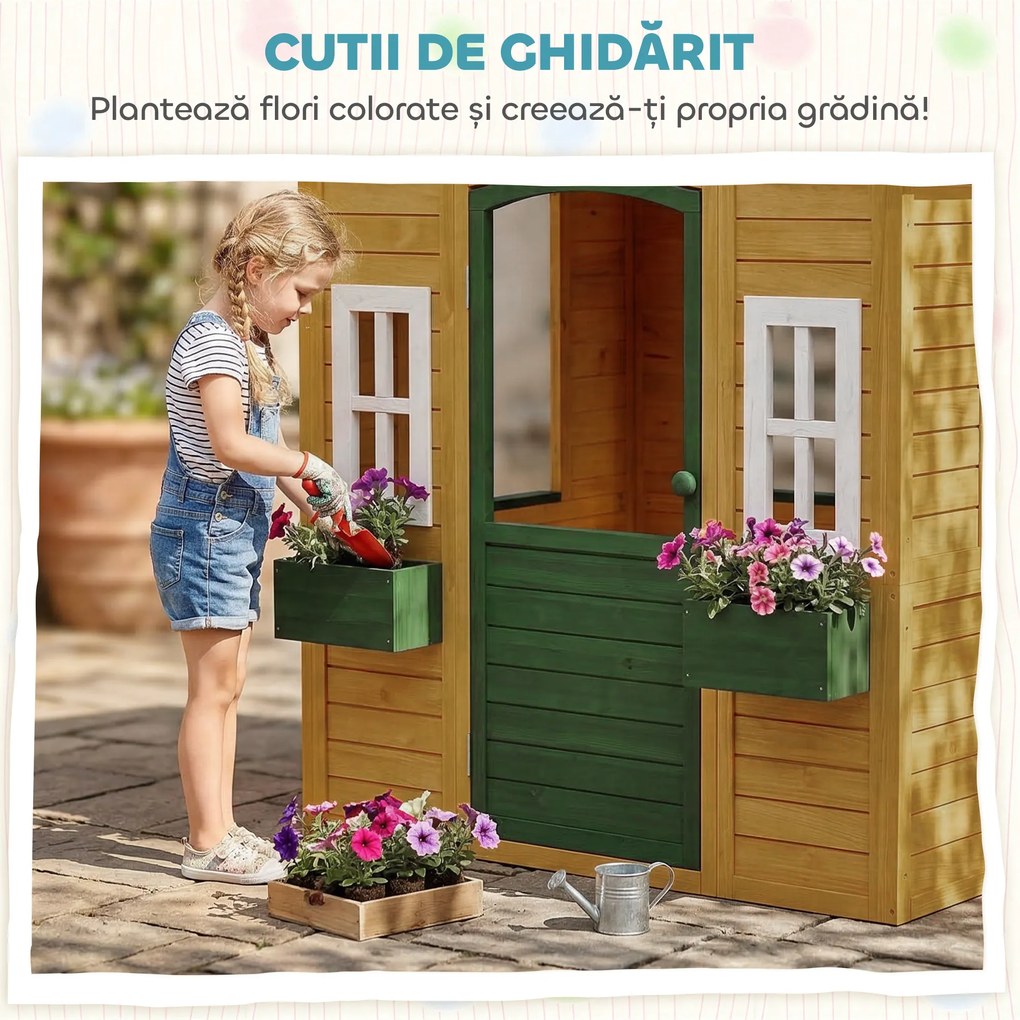 AIYAPLAY Căsuță de Grădină pentru Copii din Lemn de Molid, Căsuță de Exterior cu 3 Ferestre, 2 Jardiniere, Ușă și Acoperiș, pentru Copii 3-8 Ani, Interior și Exterior, 134.5x97x150 cm, Maro | Aosom Romania