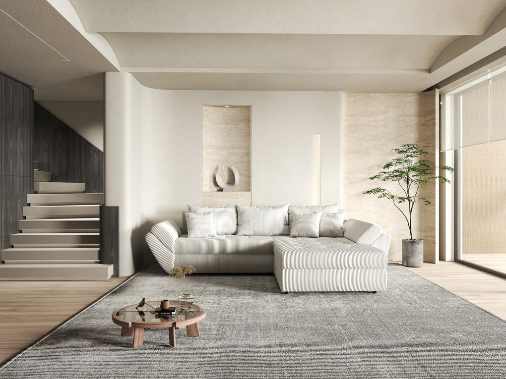 Colțar extensibil dumonde cu ladă de depozitare si sezut confortabil din spuma high-density, Loana Zoom Crem II 270x185 cm