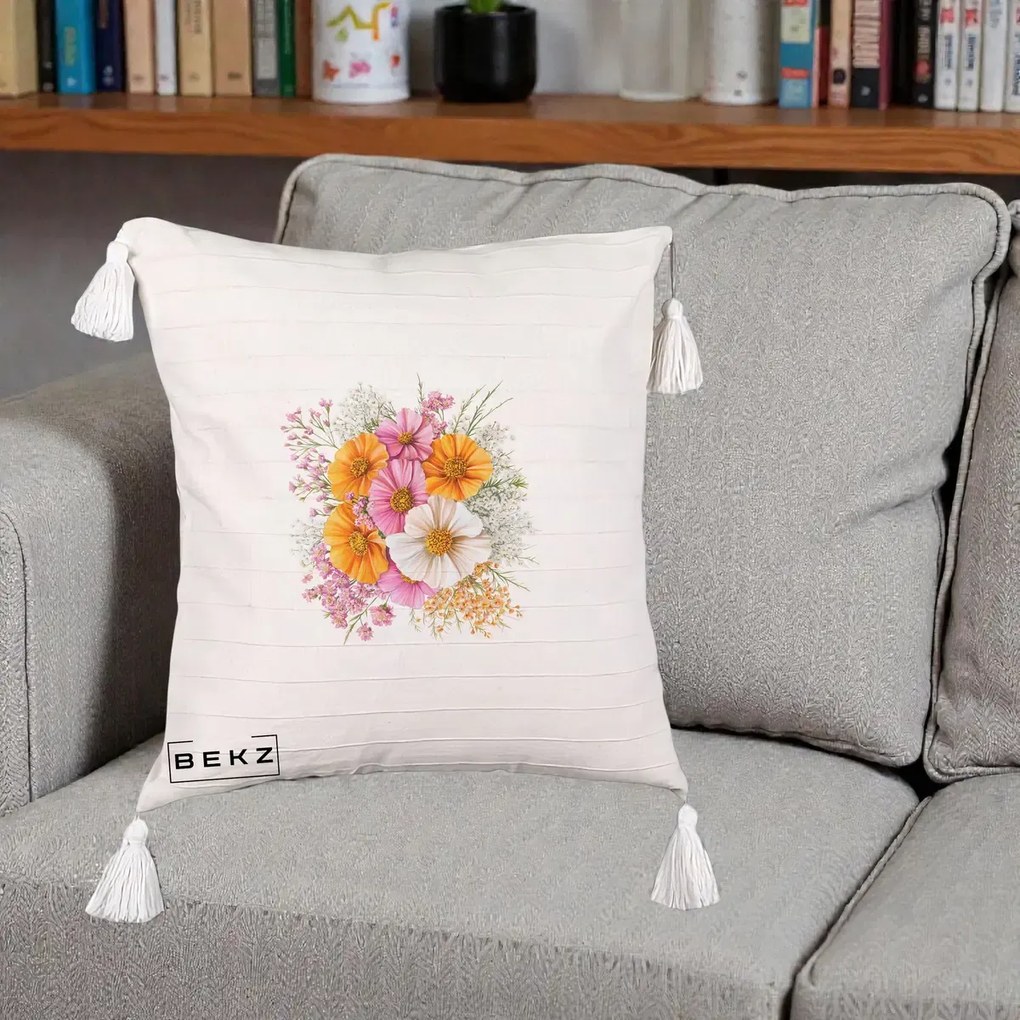 Perna Decorativa Buchet Cosmos Portocaliu Roz si Alb, 40x40 cm, Bej cu Franjuri, Husa Detasabila, Perna Inclusa, BEKZ®