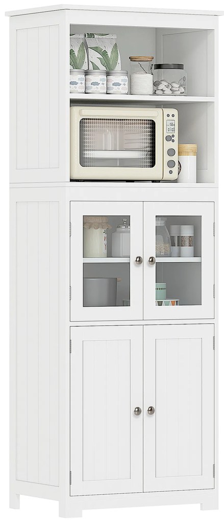 HOMCOM Dulap Camara Bucătărie, 2 Rafturi Deschise, 2 Dulapuri cu Uși, MDF și Sticlă Securizată, 60x30x162 cm, Alb | Aosom Romania