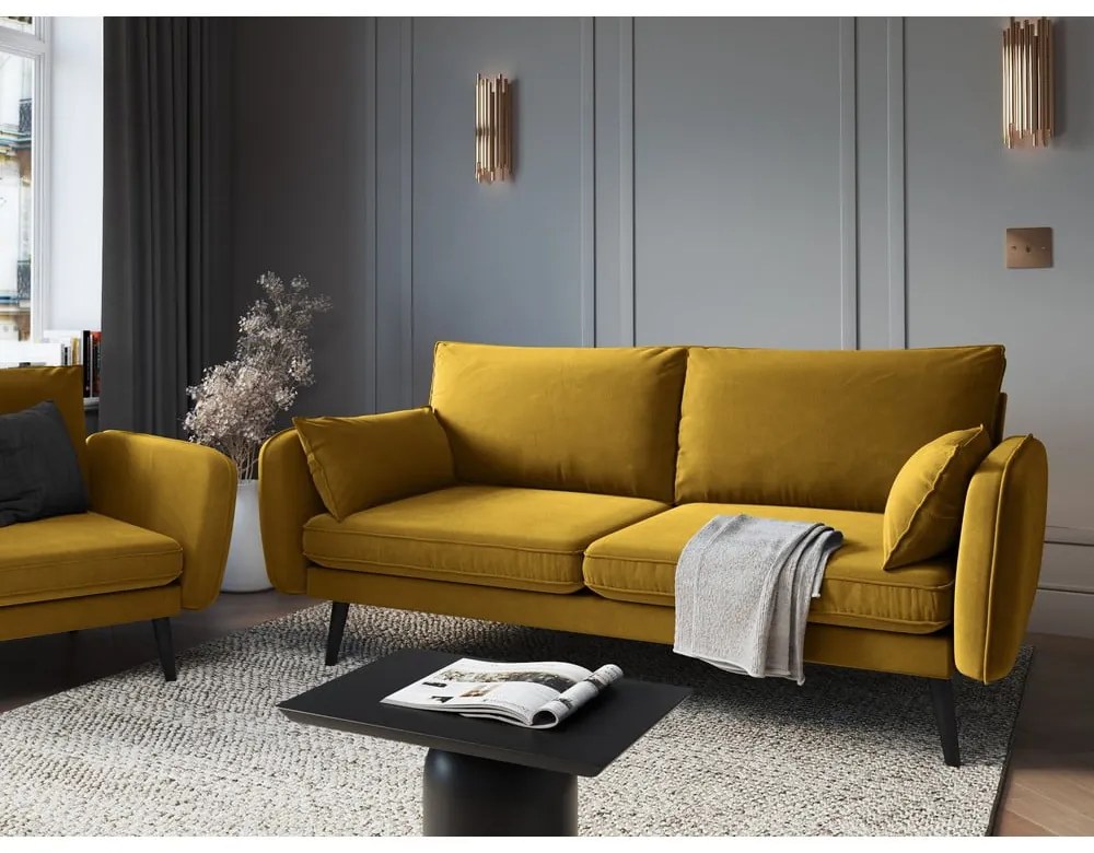Canapea cu tapițerie din catifea Kooko Home Lento, 198 cm, galben