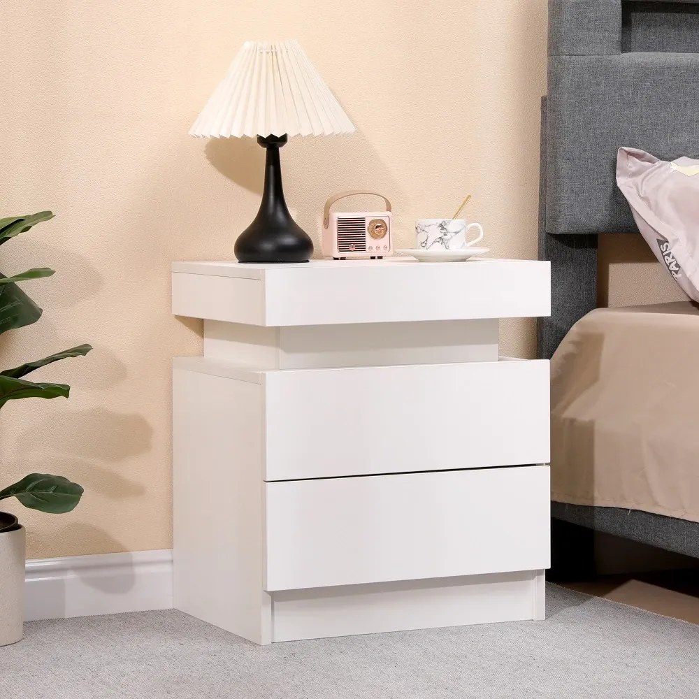 Noptieră cu 2 sertare, iluminare LED in 3 culori, Alb, 45x35x52 cm