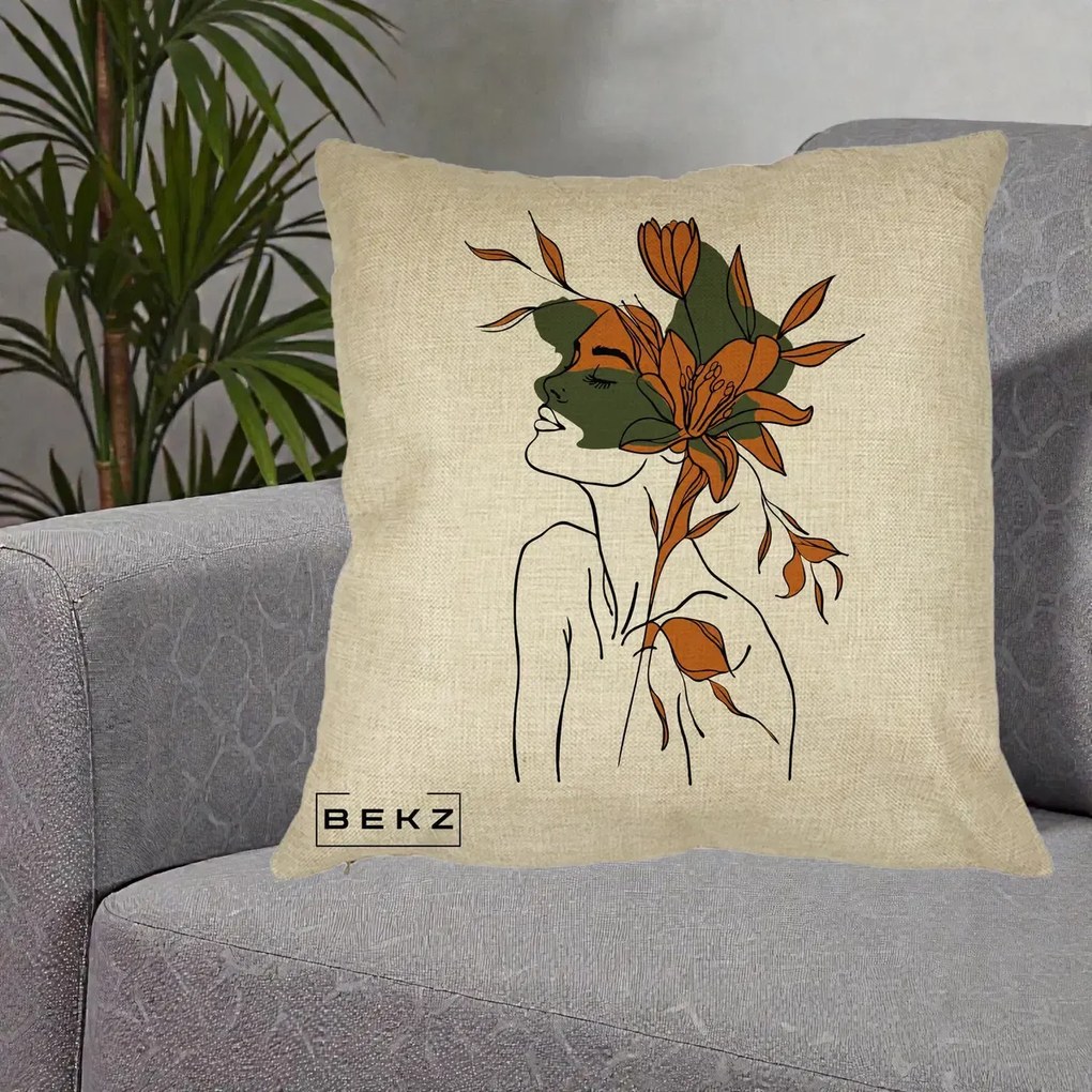 Perna Decorativa Portret Feminin Crin Auriu, 40x40 cm, Crem, Husa Detasabila, Perna Inclusa, BEKZ®