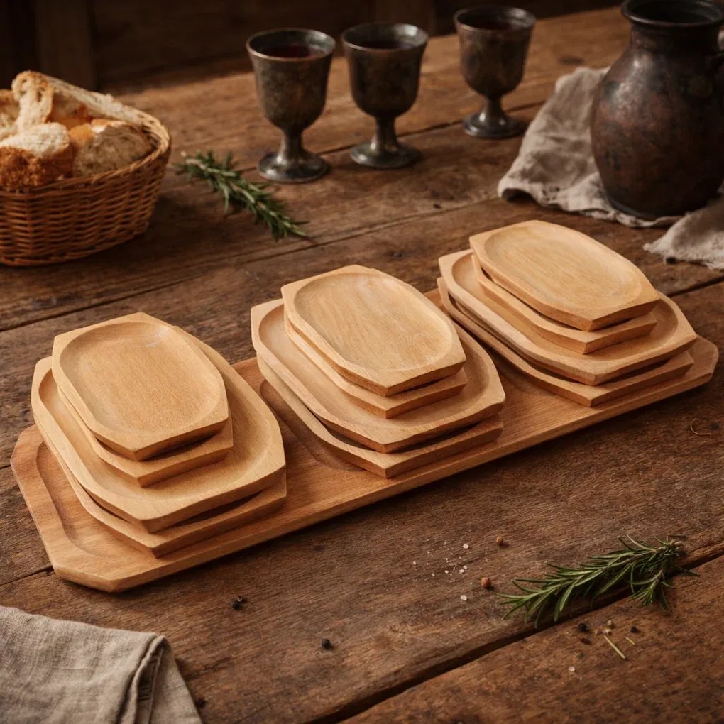 Set platou pentru servit din lemn cu 12 farfurii