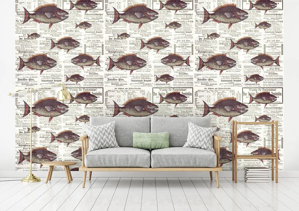 Fototapet - Piranhas în ziare vechi (254x184 cm)