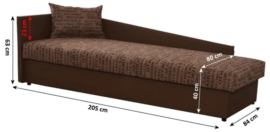 Pat cu spaţiu pentru depozitare, versiune de stânga, piele eco maro+material cu imprimeu, JUDIT