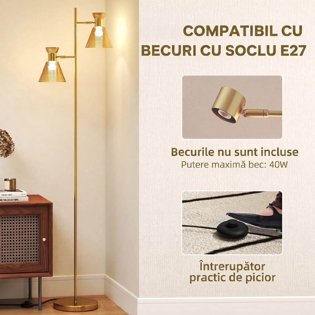 HOMCOM Lampă de podea modernă cu 2 lumini și capete reglabile, întrerupător cu pedală, aur | Aosom Romania