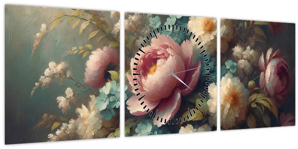Tablou - Natură moartă cu flori - pictură (cu ceas) (90x30 cm)
