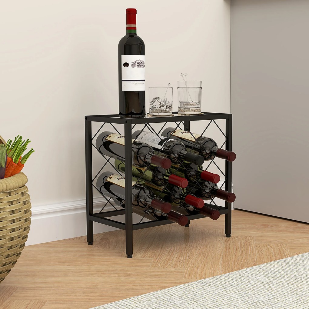 HOMCOM Suport pentru Sticle de Vin cu Blat din Sticlă Securizată și Cadru din Oțel, 41x22x41 cm, Negru | Aosom Romania