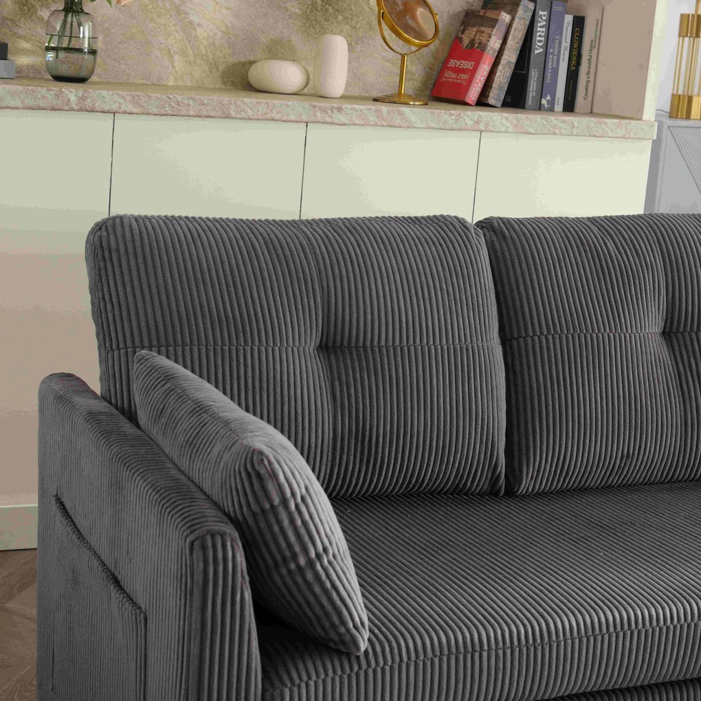 Canapea modulară în formă de L din catifea, canapea extensibilă rabatabilă convertibilă, cu spații de depozitare în scaune, Gri Închis