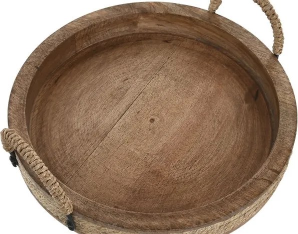Tavă decorativă Cottage cu mâner maro din lemn de mango cu structură din frânghie, "Rovena"