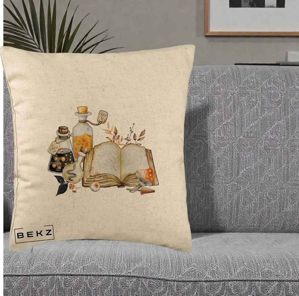 Perna Decorativa Grimoire Vrajitoare si Filtre Magice Halloween, 40x40 cm, Bej, Husa Detasabila, Perna Inclusa, BEKZ®
