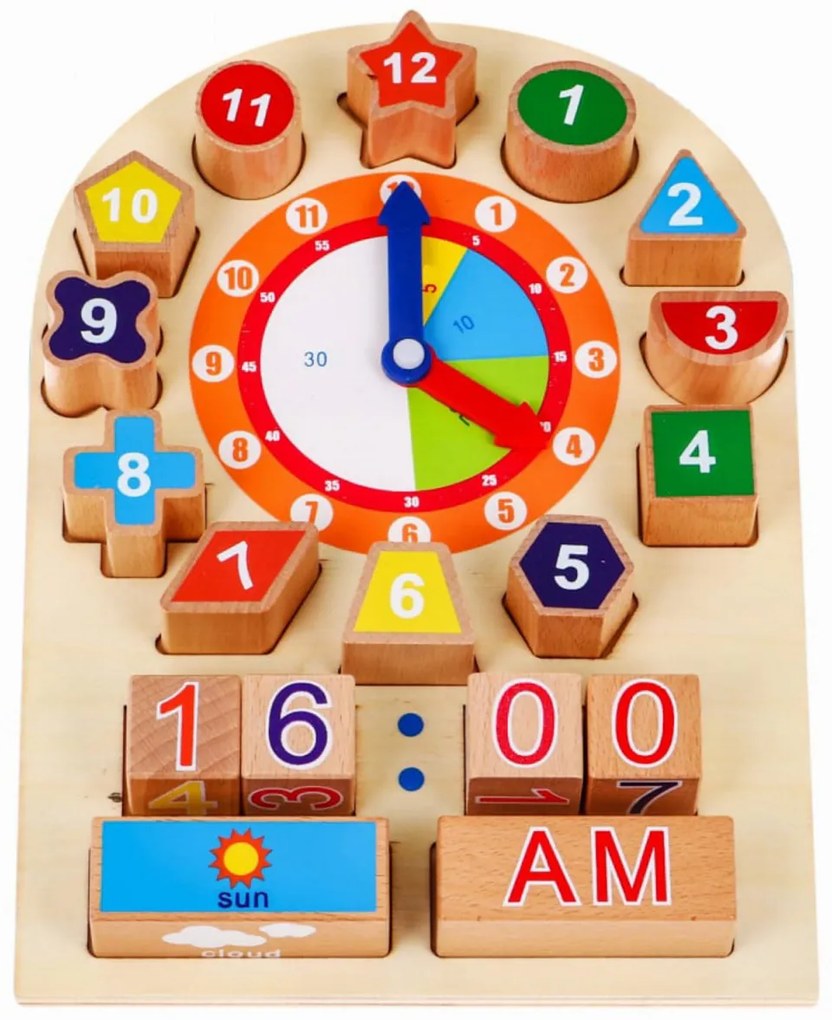 Ceas puzzle 3D tip Montessori din lemn masiv NOVOKIDS™ Learning Clock, 18 piese, Cu forme geometrice si Numere, Materiale Eco, Multicolor