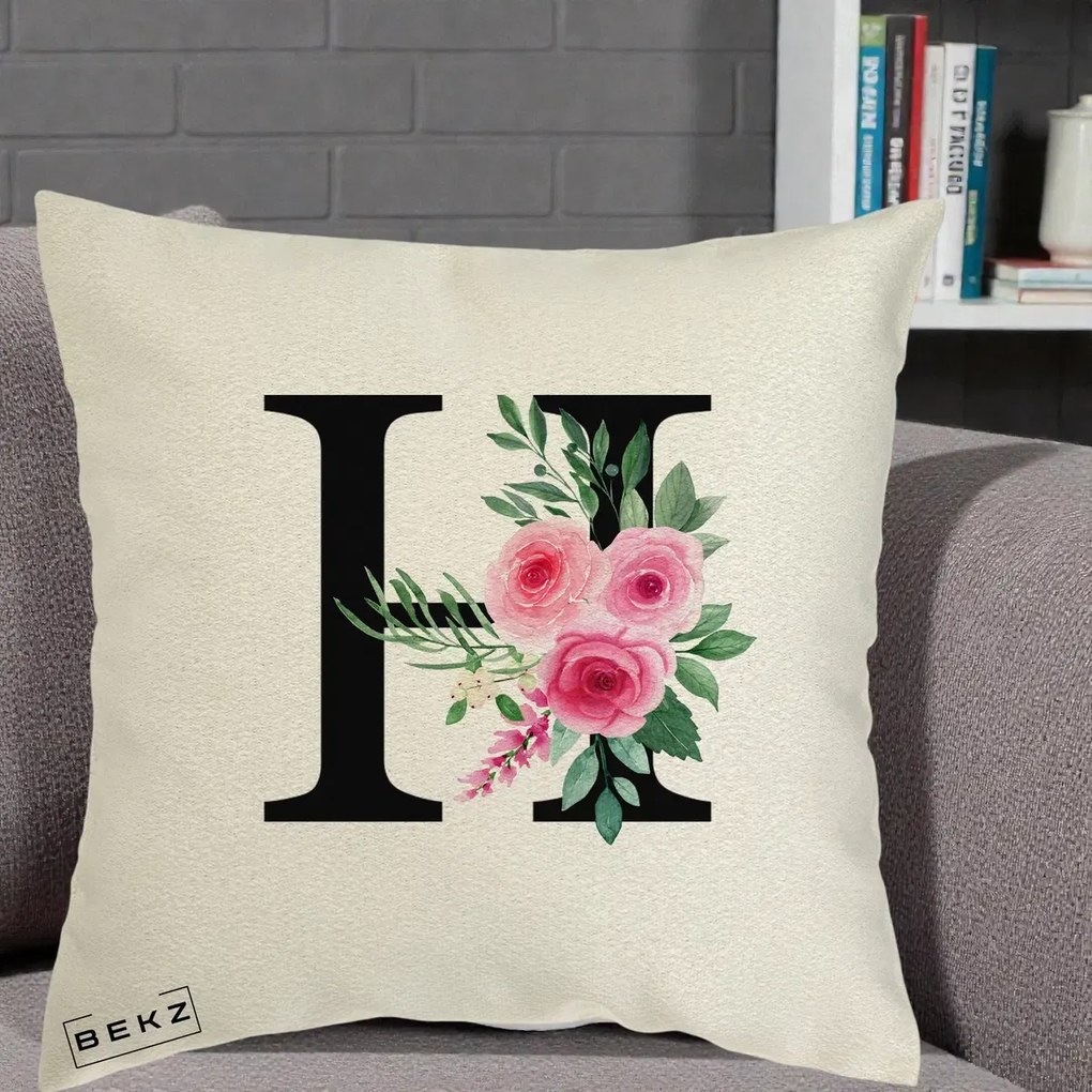 Cadou Personalizat - Perna Personalizata Monograma Florala Litera H cu Trandafiri Roz, 40x40 cm, Ecru, Husa Detasabila, Perna Inclusa, BEKZ®