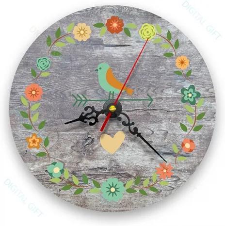 Ceas de perete - Pasari si flori vintage lemn, 21 cm