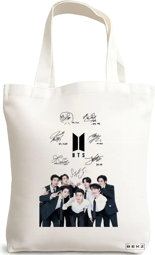 Sacosa de Panza pentru Cumparaturi, Geanta Tote, model BTS Army 6 cu semnaturii, 38x34.5 cm, Alba, BEKZ®