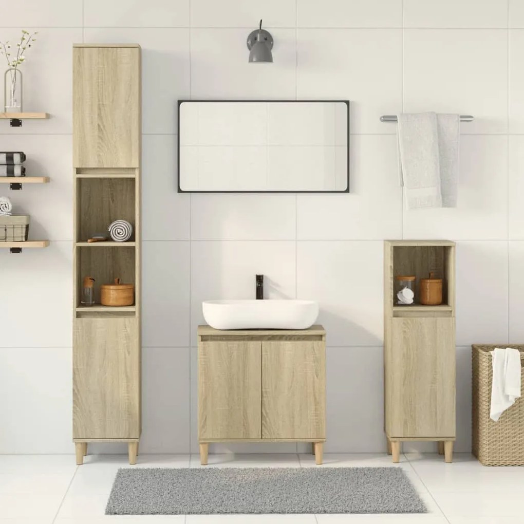 vidaXL Set mobilier de baie, 3 piese, stejar sonoma, lemn prelucrat