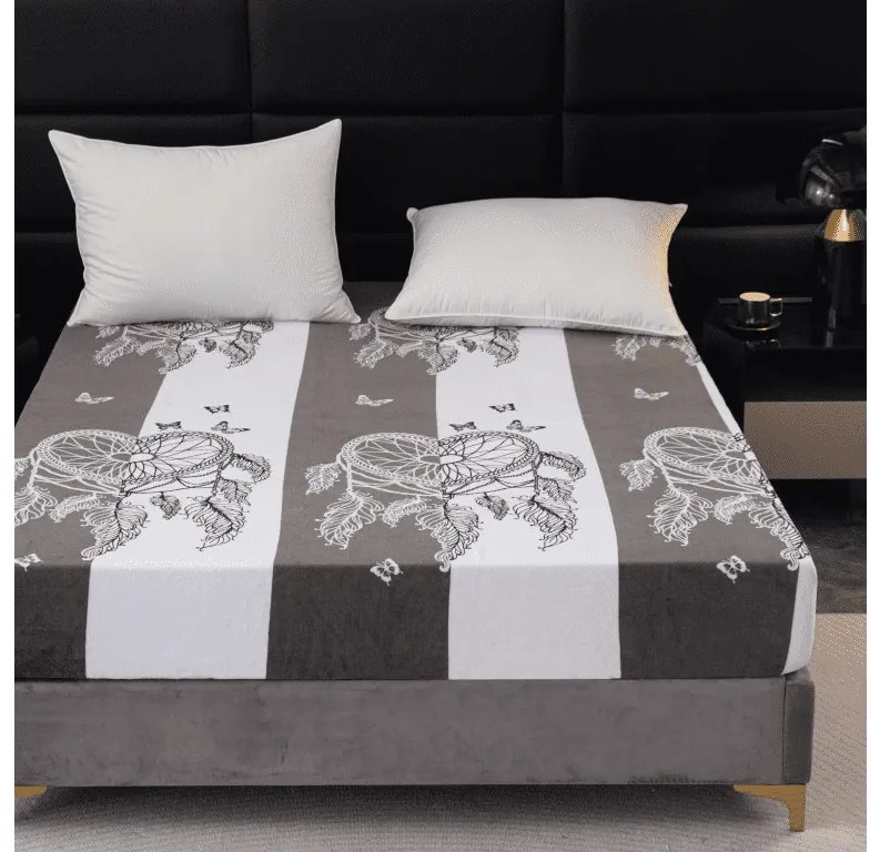 Cearsaf Cocolino microplus cu elastic TIRSO 90x200 cm gri-alb