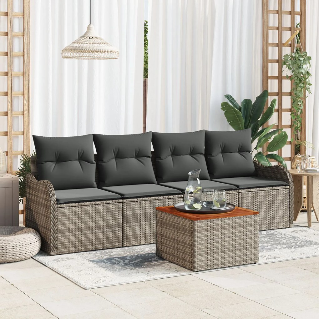 Set Canapea Grădină vidaXL cu 5 Piese cu Pernuțe Gri Ratan Polimer Acacia