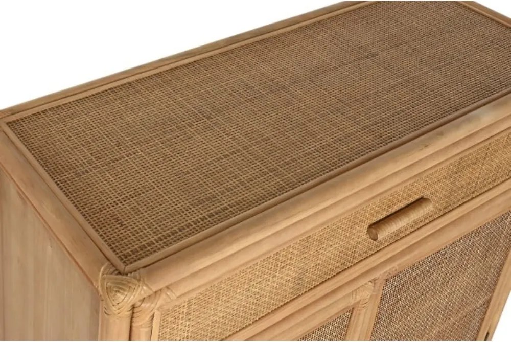 Bufet din ratan și lemn de molid, natur, cu 2 uși, 1 sertar și panouri din ratan împletit, 100 x 100 x 40 cm, „Cajon”