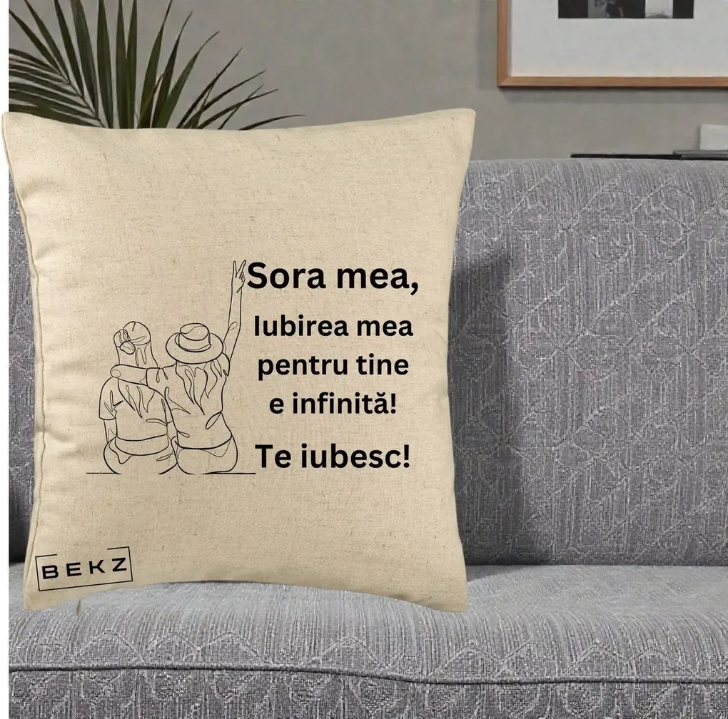 Perna personalizata sora: Sora mea, te iubesc, fete cu palarii, 40x40 cm cu Umplutura, Bej, BEKZ