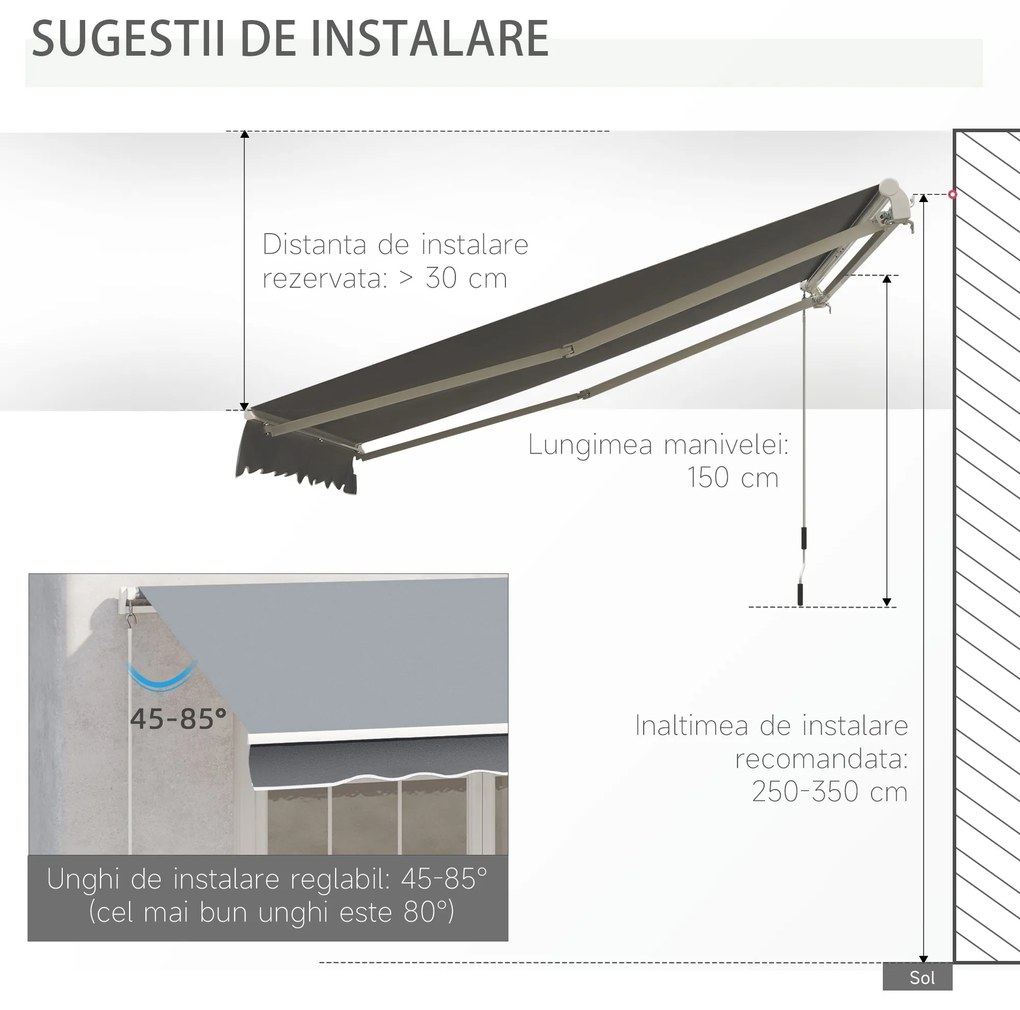 Outsunny Copertina pentru soare pentru exterior tip rulou cu manivela, acoperis impermeabil, metal si aluminiu, gri, 395x245cm