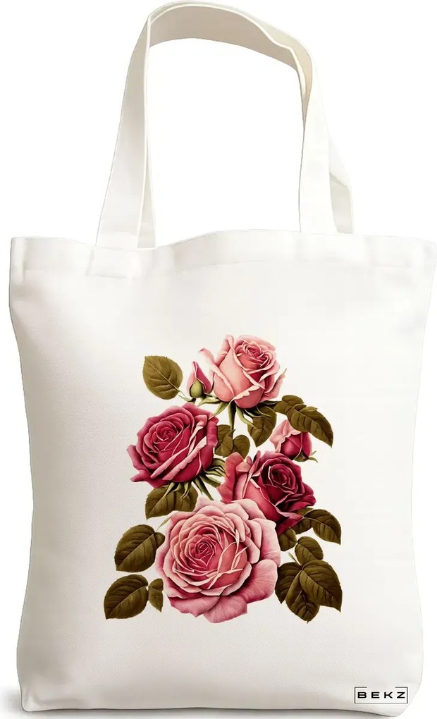 Sacosa de Panza pentru Cumparaturi, Geanta Tote, model Flower Bouquet 3, 38 x 34.5 cm, Alba, BEKZ®