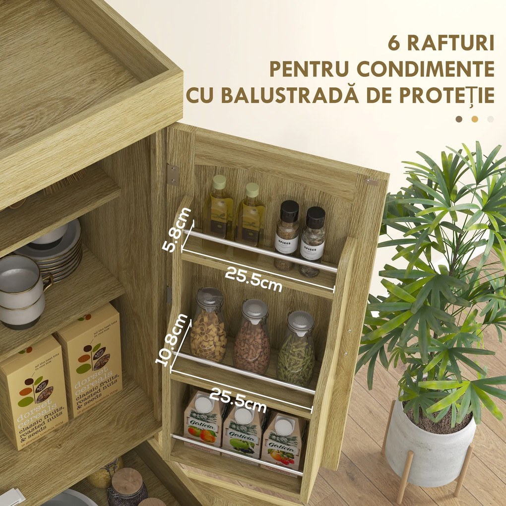 HOMCOM Dulap Bucătărie 76×40×183 cm cu 2 Uși și Sertar, Rafturi Condimente, Stejar | Aosom Romania