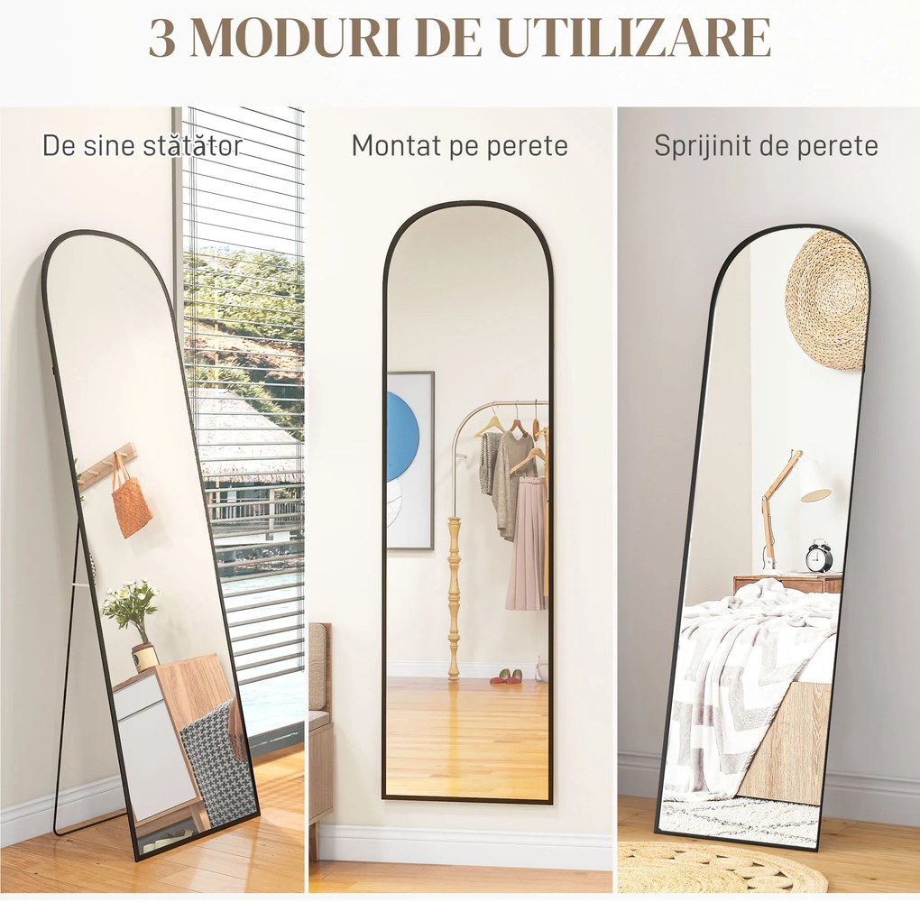 HOMCOM Oglindă de Podea și Perete Modernă din Aliaj de Aluminiu cu Suport Pliabil, 50x170 cm, Neagră | Aosom Romania