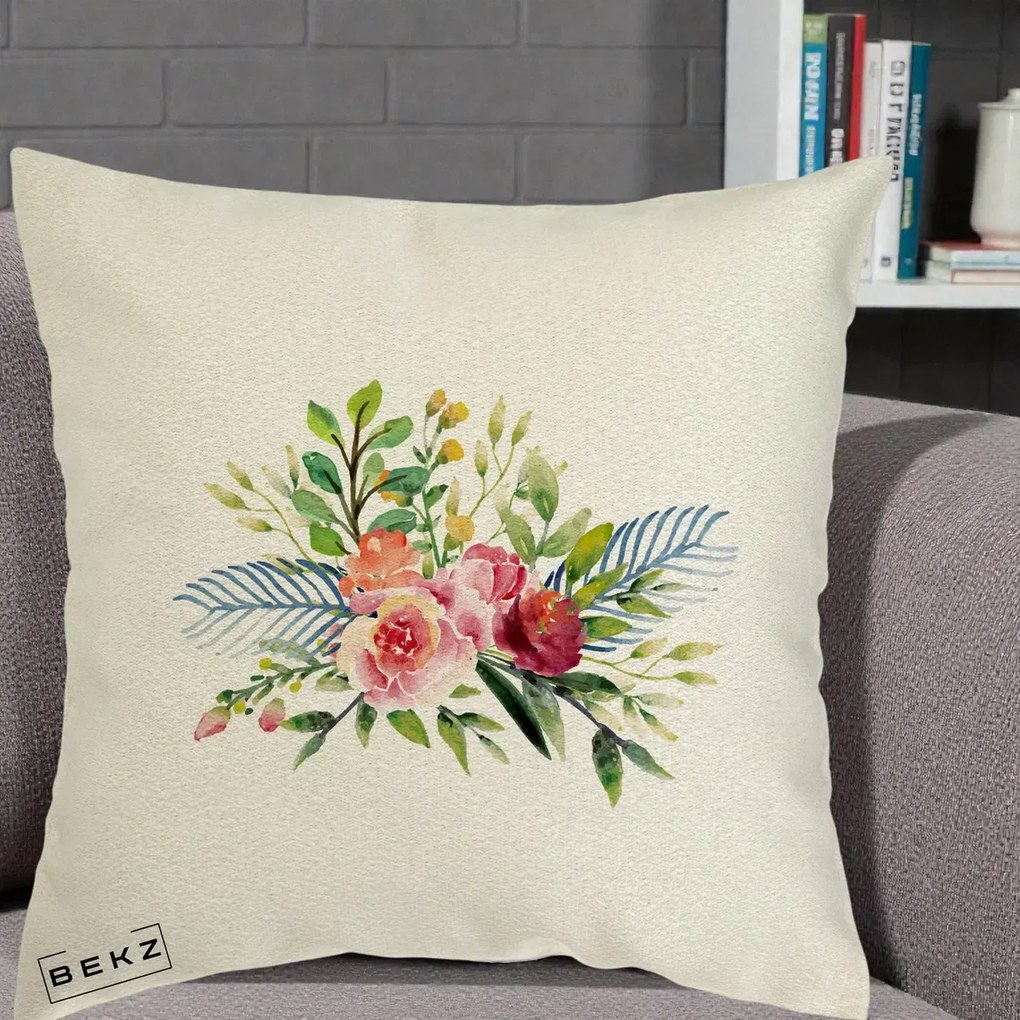 Perna Decorativa Buchet Flori Acuarela Roz-Verde, 40x40 cm, Ecru, Husa Detasabila, Perna Inclusa, BEKZ®