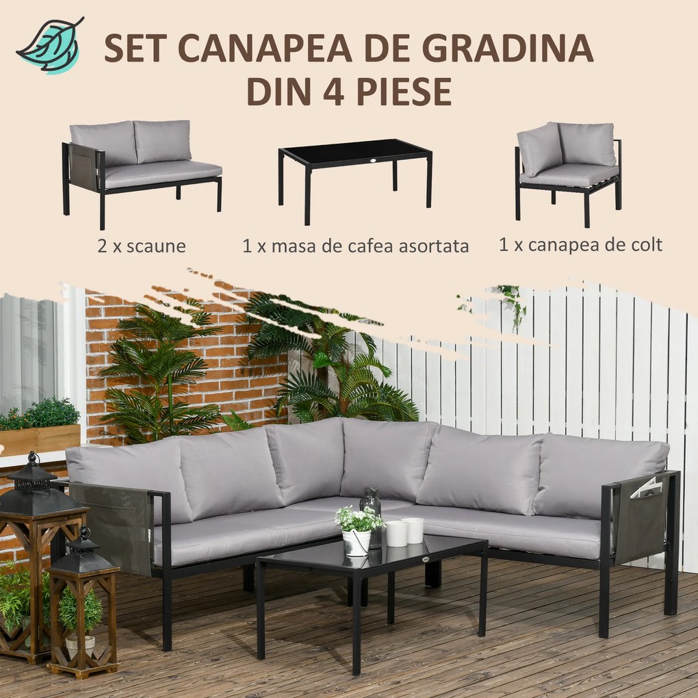 Outsunny Set pentru gradina 4 bucati cu 2 canapele 2 locuri, fotoliu de colt si masuta de cafea din geam securizat, gri si negru | AOSOM RO