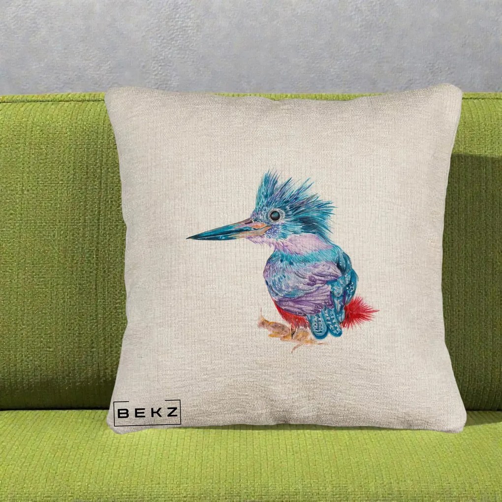 Perna Decorativa Pasare Martin Pescar Acuarela Albastru-Mov, 40x40 cm, Bej Canapea, Husa Detasabila, Perna Inclusa, BEKZ®