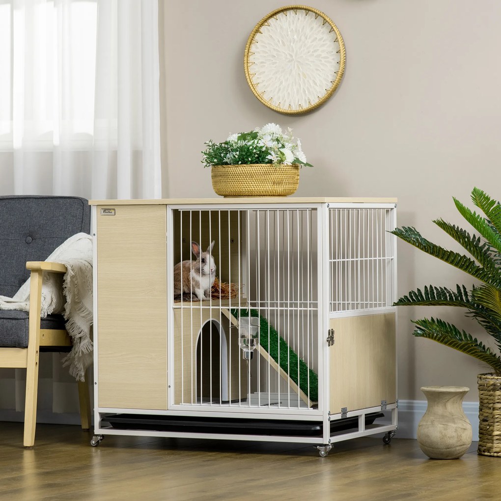 PawHut Cusca Mobilă pentru Iepuri cu Roți și Tavă Detașabilă, Design Modern, 78x52.5x76.5 cm, Stejar | Aosom Romania