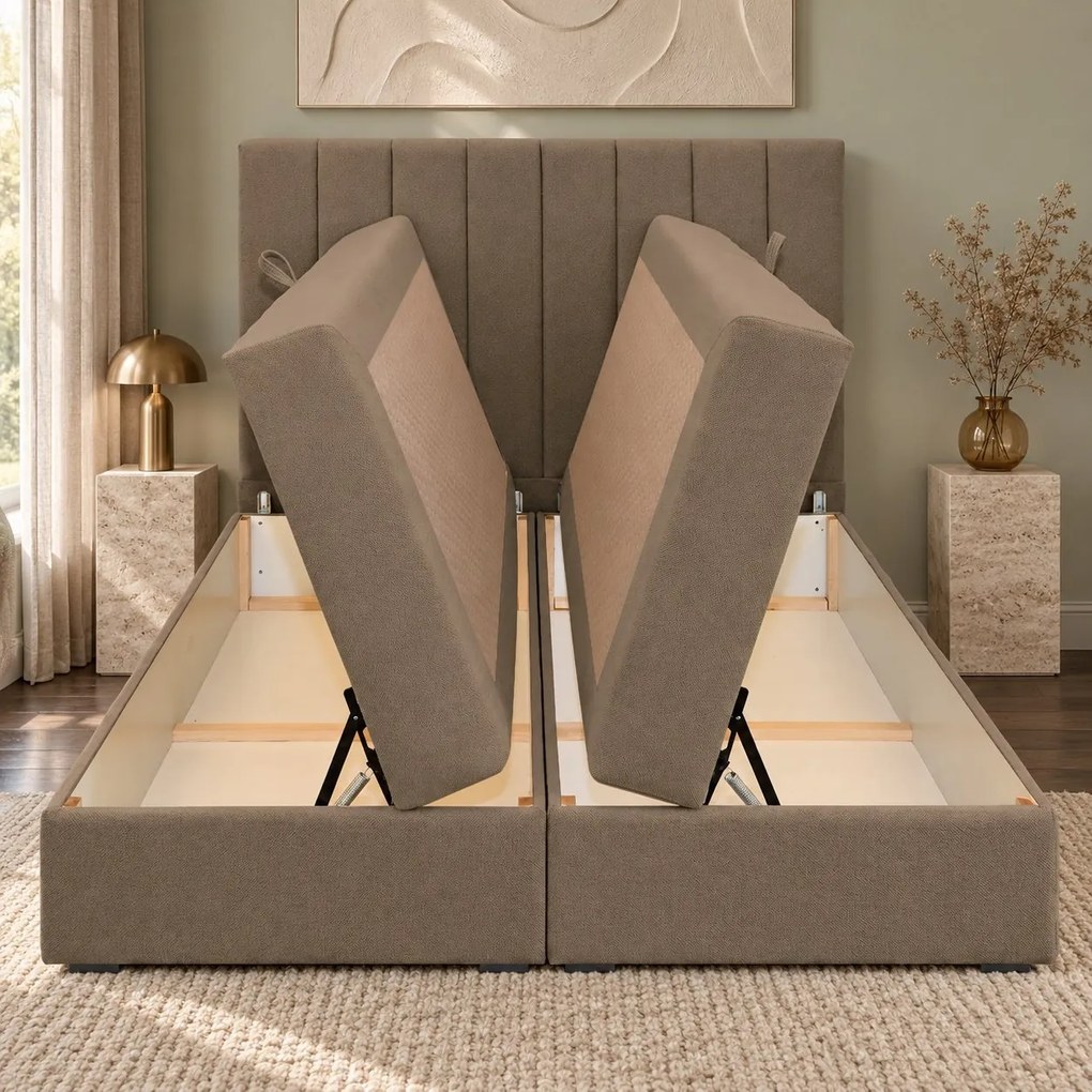 Pat boxspring din catifea Novella cu ladă 180×200 cm, cappuccino