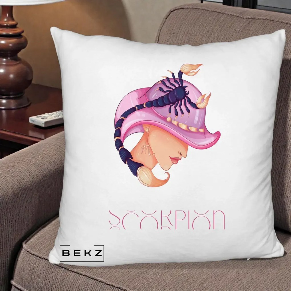 Perna Personalizata Zodiac Scorpion Cowgirl, 40x40 cm, Alb Pufos, Husa Detasabila, Perna Inclusa, BEKZ®