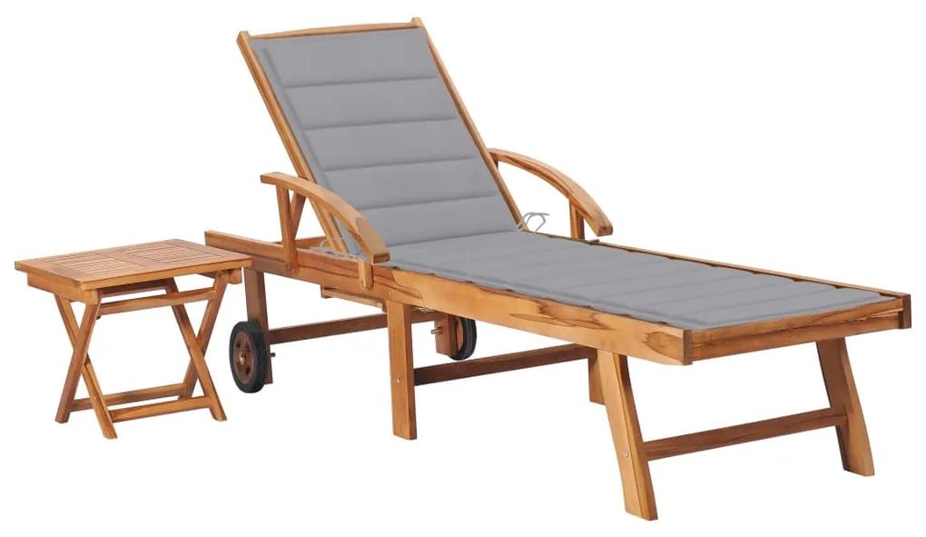 3063022 vidaXL Șezlong cu pernă și masă, lemn masiv de tec