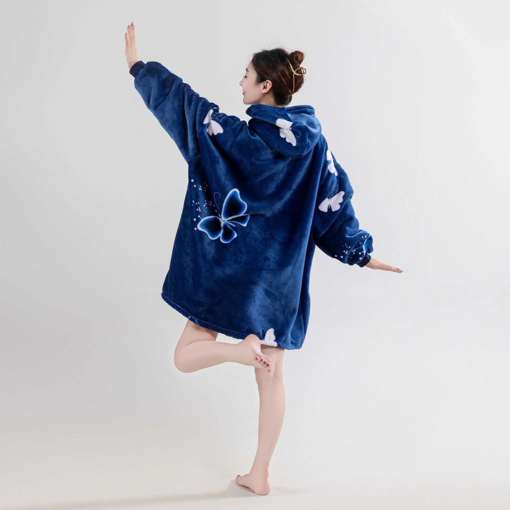 Patura cu maneci si gluga, imitatie de miel VIOLET BUTTERFLY, albastru inchis