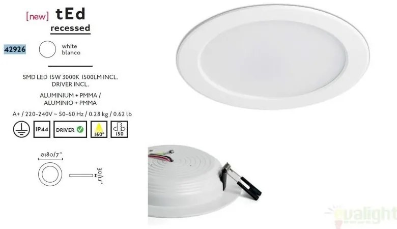 Spot LED alb incastrabil pentru baie cu protectie IP 44, TED 42926
