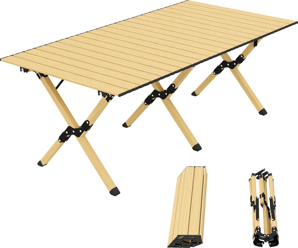 Outsunny Masă de camping 117 x 60 cm, masă pliantă din aluminiu cu blat rulabil aspect lemn, husă de transport, impermeabilă | Aosom Romania