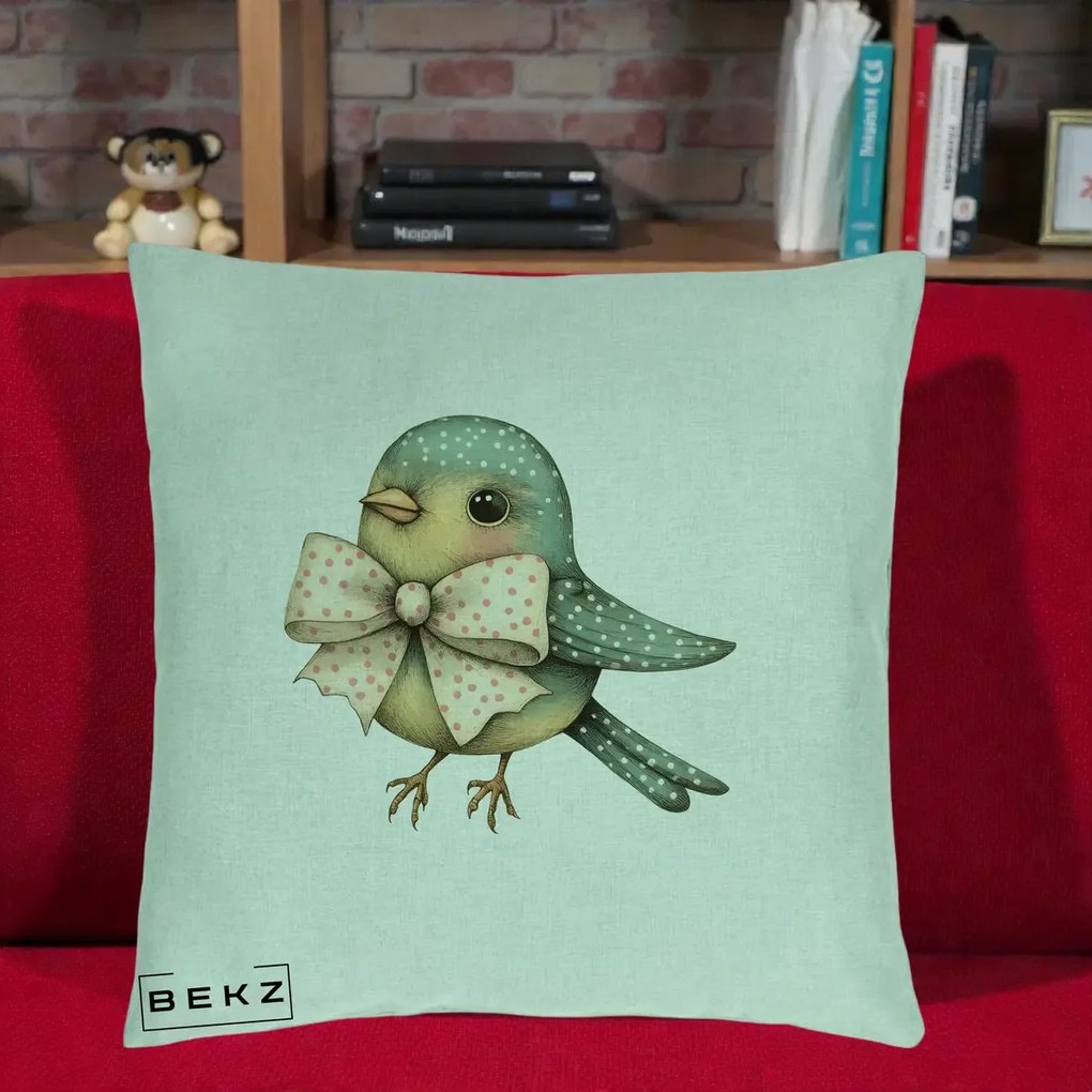 Perna Decorativa Pasare Teal cu Fundita cu Buline, 40x40 cm, Verde Menta, Husa Detasabila, Perna Inclusa, BEKZ®