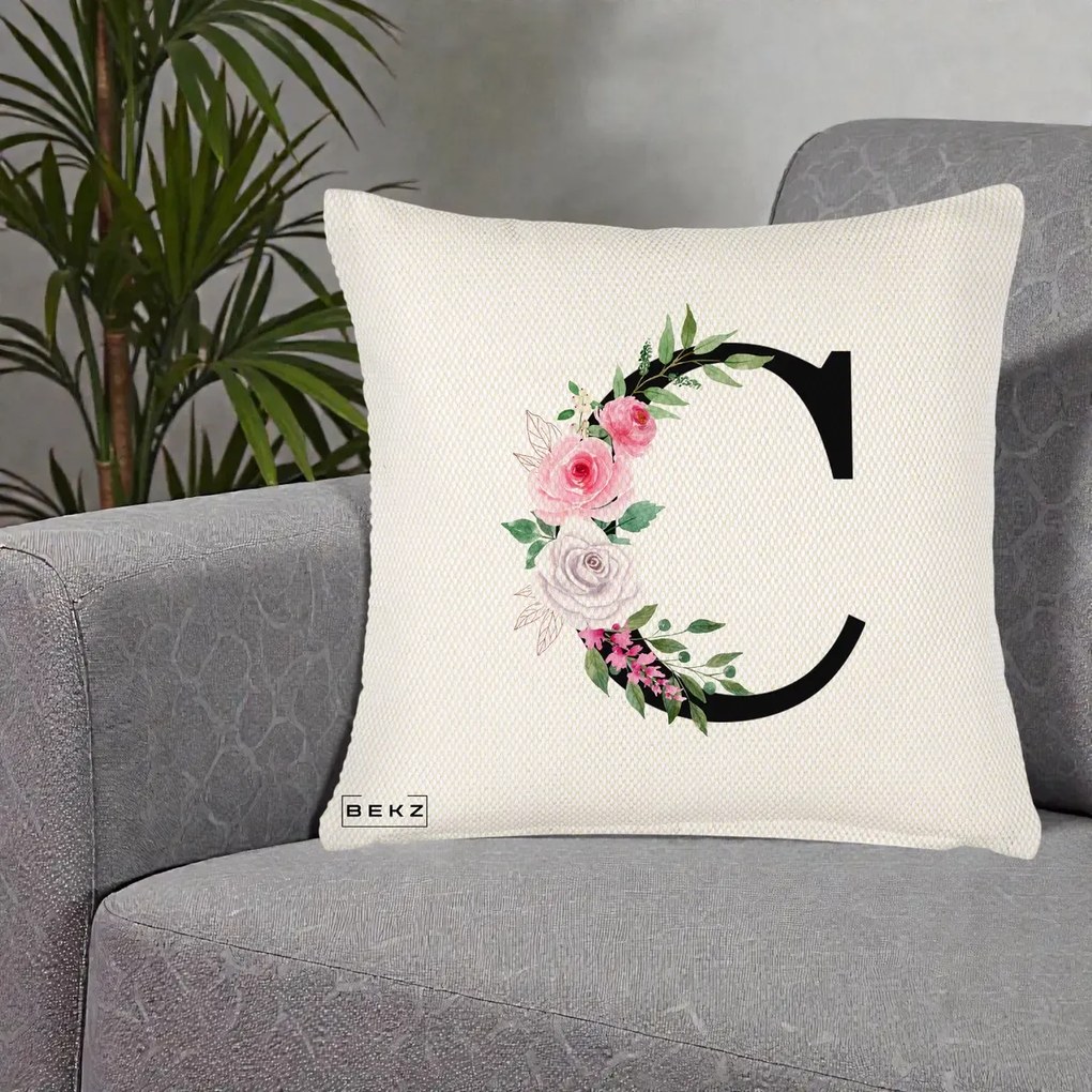 Cadou Personalizat - Perna Personalizata Monograma Florala Litera C, 40x40 cm, Crem Reliefat, Husa Detasabila, Perna Inclusa, BEKZ®