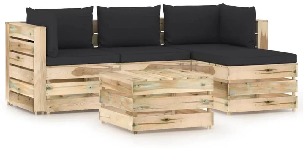 Set mobilier gradina cu perne, 5 piese, lemn tratat verde negru si maro, 5