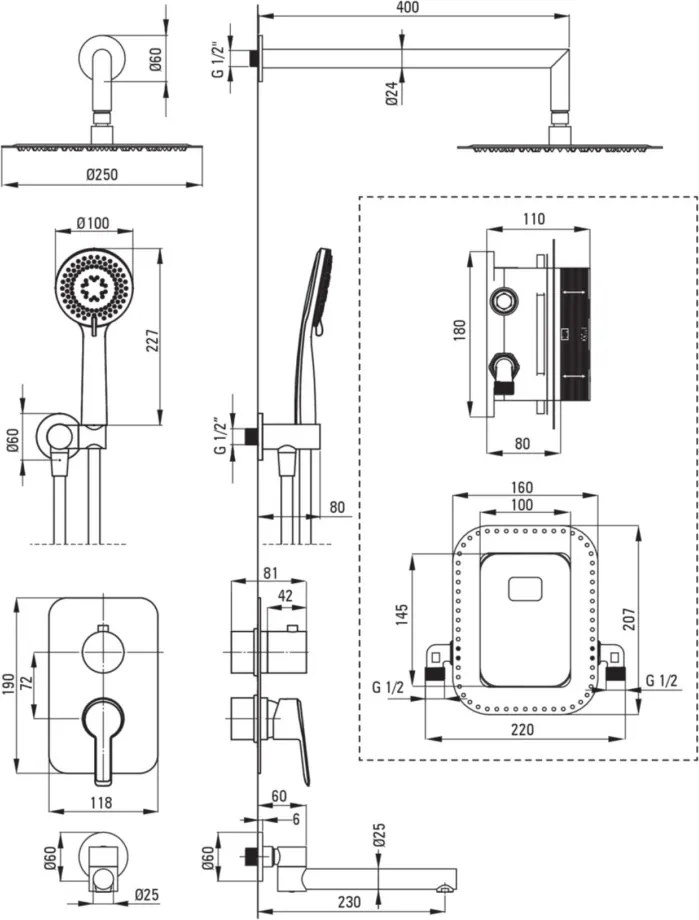 🚿 Sistem de duș ARNIKA, montaj îngropat, finisaj titan – Cod BXYYDQAM